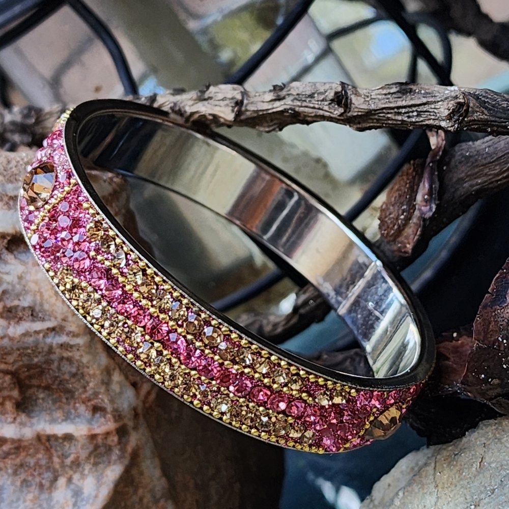 ❤️ Sparkling Hot Pink Crystals Silver Bracelet Wide Indian Bangle jewelry